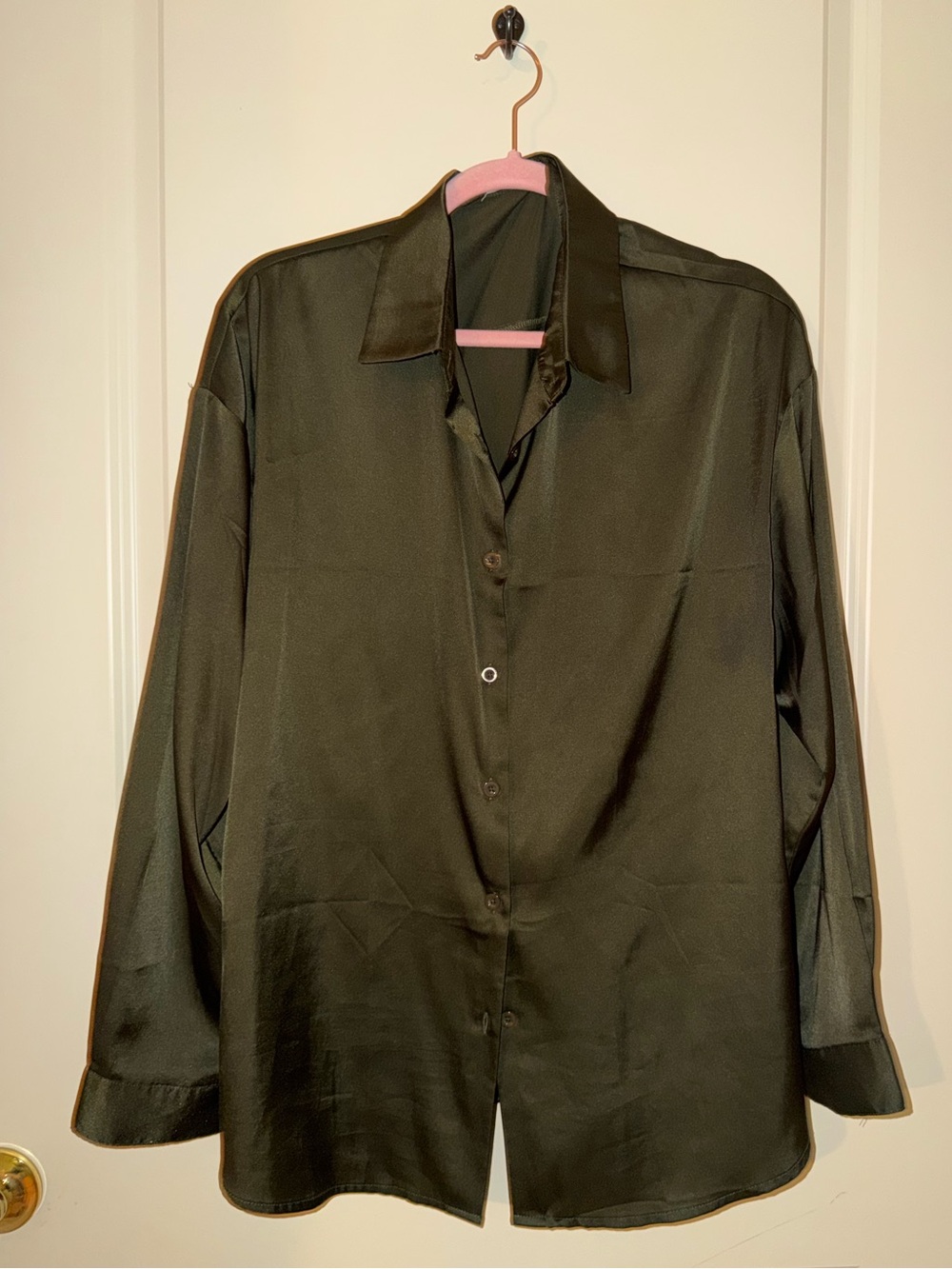 Green/ Army Green Chigant Silky Satin Button-Up Blouse Size XL